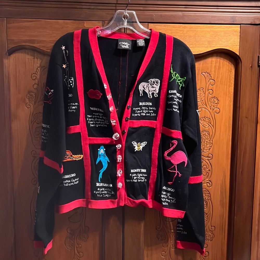 Christine Rotelli Black drink recipe sweater with embroidered drink names